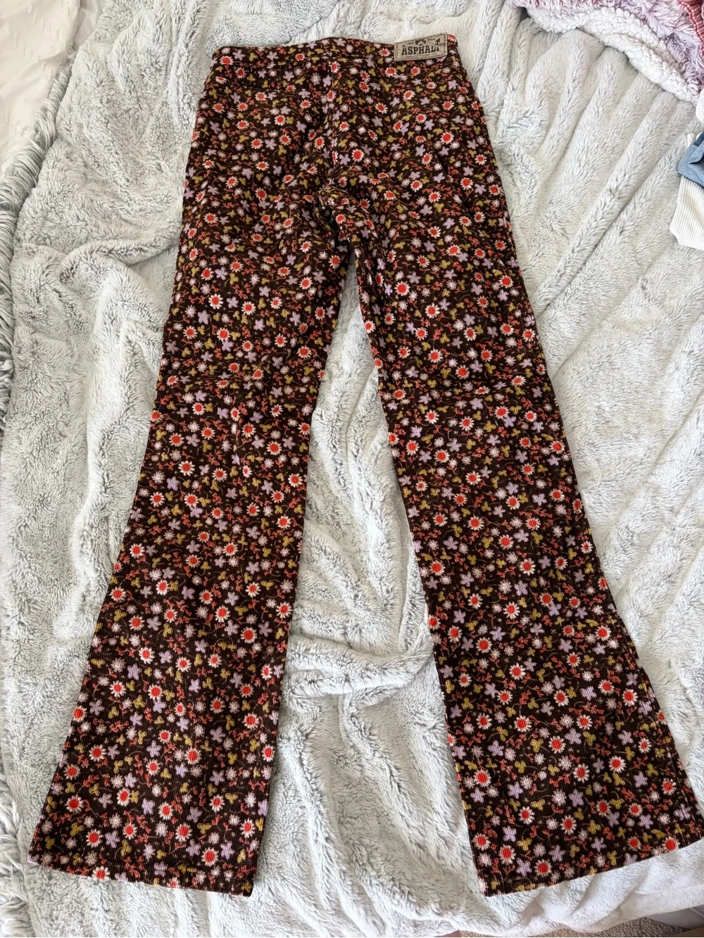 Vintage Blue Asphalt Floral Print Corduroy Flare Bootcut Jeans Pants